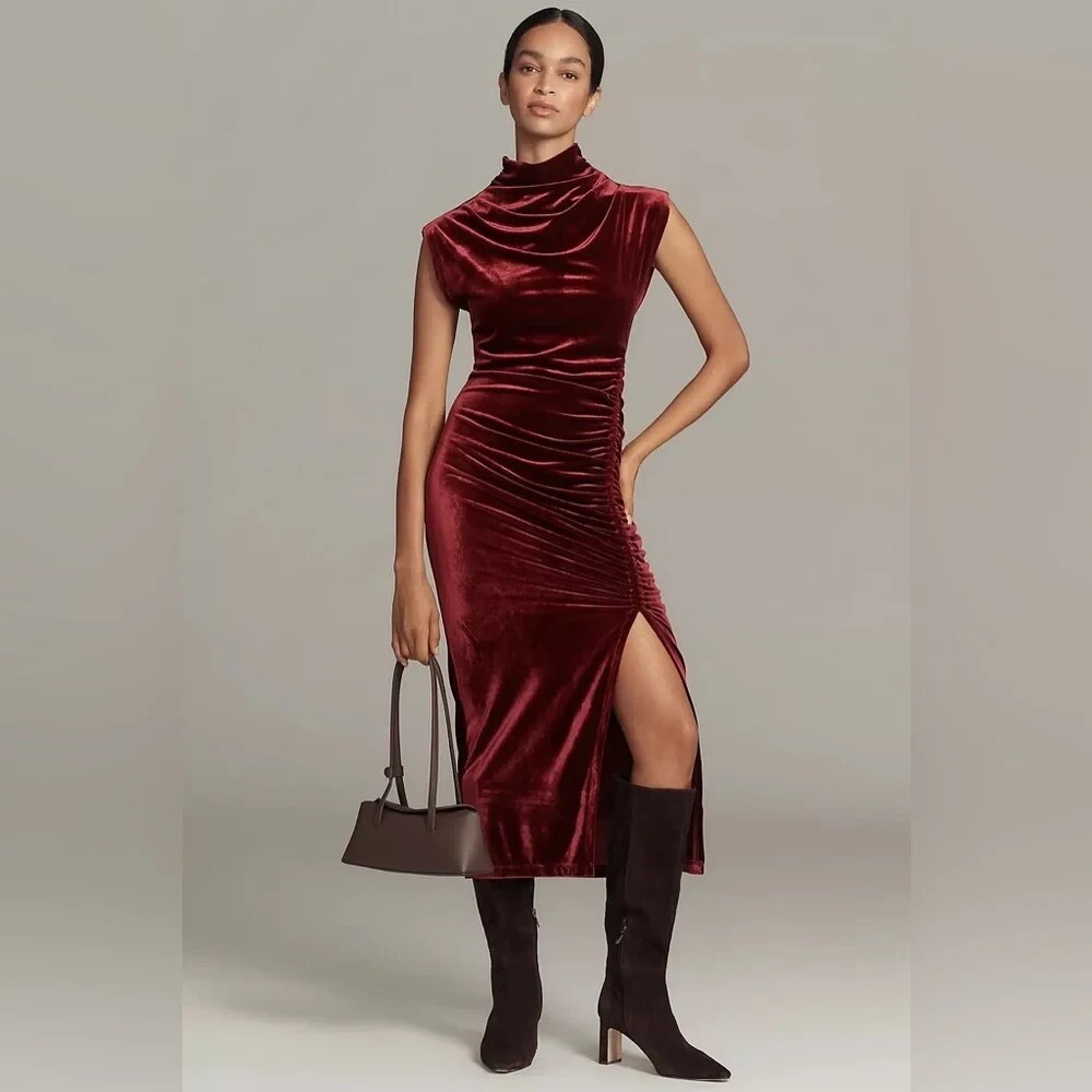 NWT Anthropologie Maya Ruched Cowl-Neck Dress Strech Velvet 3X Plum Midi Pink